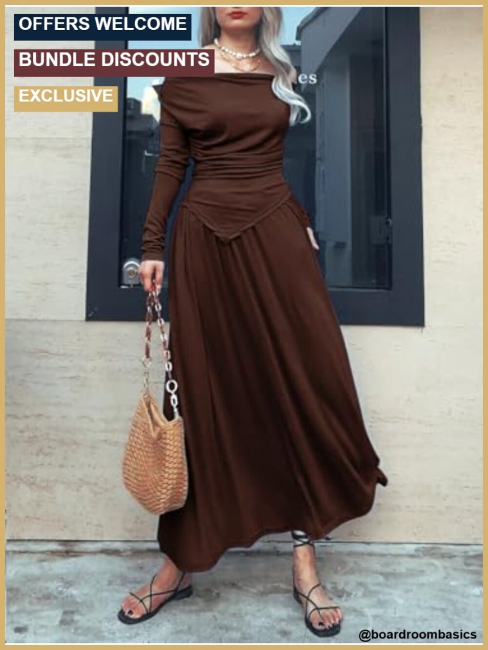 2 Piece Knit Skirt Set Ruched Off Shoulder Top Maxi Skirt with Pockets - Picture 3 of 6